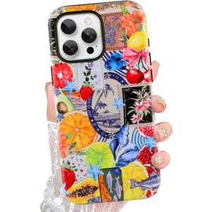 Compatible with iPhone 16 Pro Case Cute Aesthetic for Women Girls, Classic Retro Western Fruit Stamp Seashell Costal Collage Phone Case [Compatible with Magsafe] Shockproof Cover