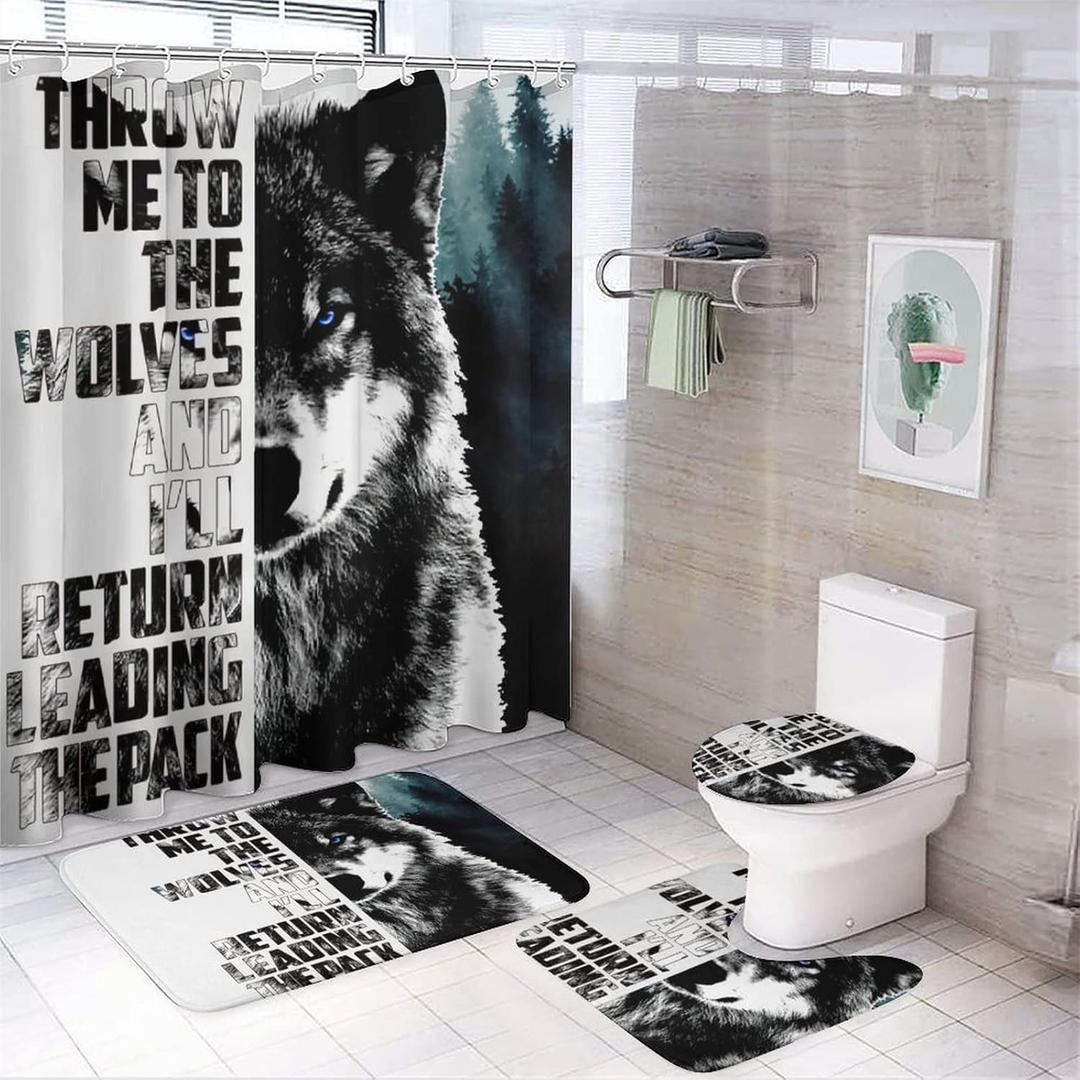 Cool Black White Wolf Shower Curtain Sets with Rugs 4 Piece Accessories Bathroom Curtains Shower Set Include Shower Curtain Non-Slip Rug Toilet Lid Cover Bath Mat One Size