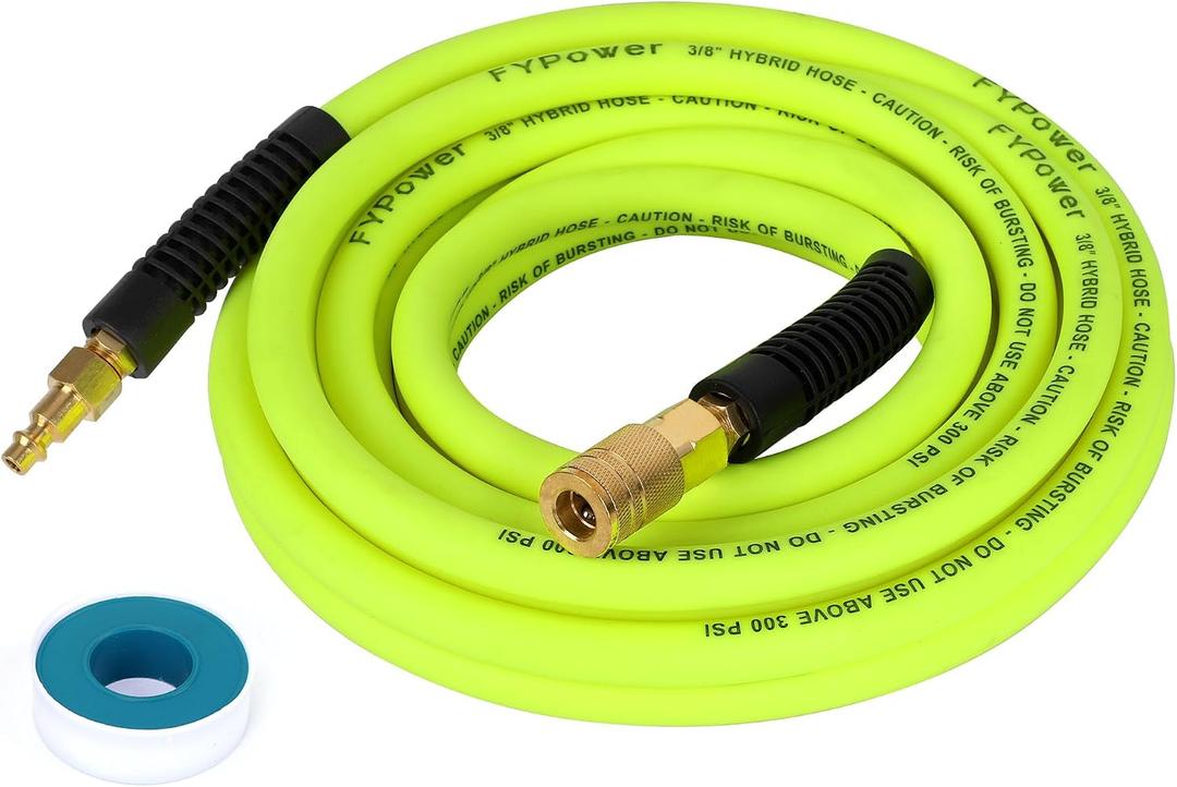 Air Compressor Hose 3/8 Inch x 25 Feet Hybrid Hose with Fittings, Flexible and Kink Resistant, 1/4" Industrial Quick Coupler and Plug Kit - Green