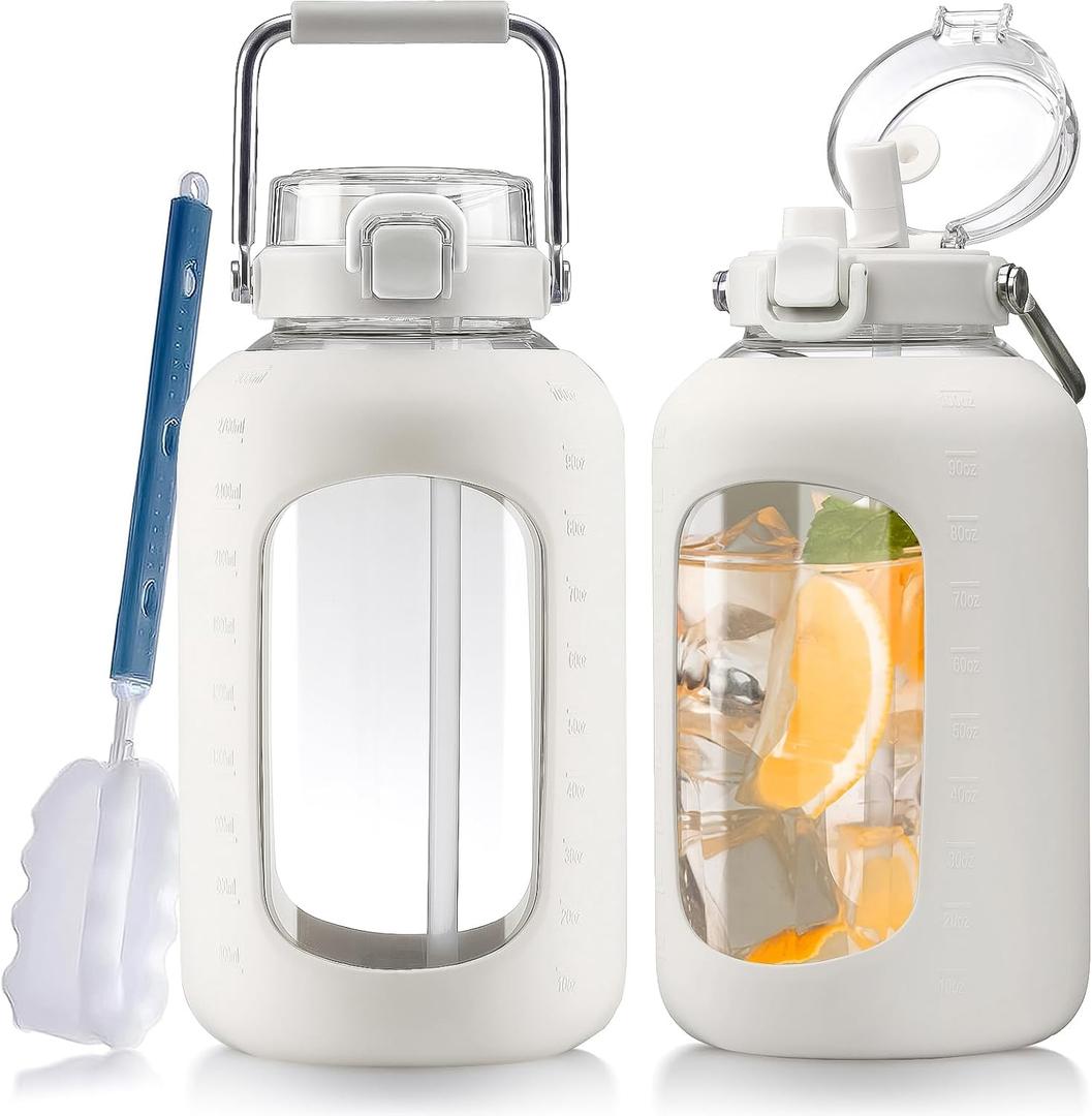 WINSA Large Glass Water Bottles with Stainless Steel Handle,100 oz Gallon Drinking Bottle with 2-in-1 Straw Lid,3 Liter Glass Water Jug with Silicone Sleeve,Wide Mouth,White