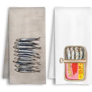 Vintage Beach Sardine Kitchen Towels, Coastal Sardine Fish Dish Tea Towels, Ocean Fish Lover Gifts Decorative Hand Towel for Bathroom Kitchen, 16x24 Inch Set of 2