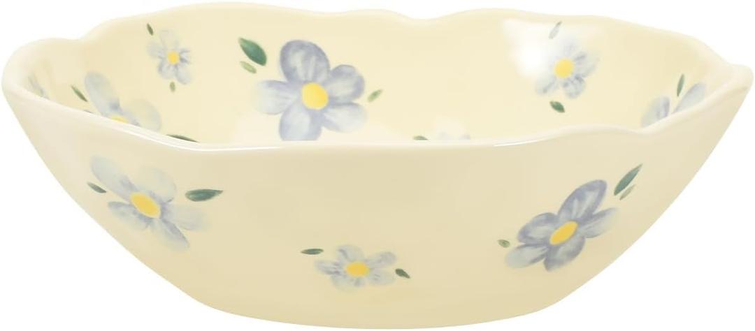Koythin Salad Bowls, Cute Blue Flower Ceramic Bowls, Cream Yellow Serving Bowl for Pasta, Cereal, Fruit, Soup, Rice, Dishwasher and Microwave Safe (Blue Flower Set of 1)