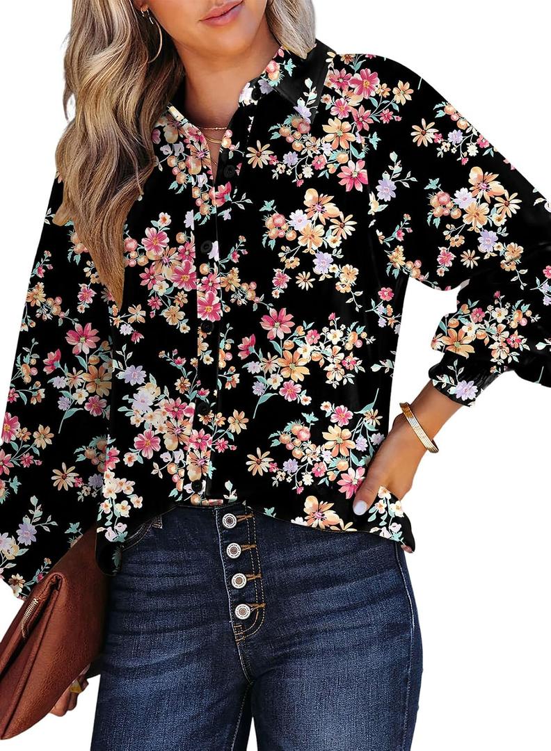 Dokotoo Women's Casual V Neck Allover Floral Print Long Sleeve Chiffon Button Down Blouses Bohemian Top Shirts (M)