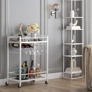 TUTOTAK Bar Cart, Serving Cart for Home, Microwave Cart, Drink Cart, Mobile Kitchen Shelf with Wine Rack and Glass Holder, Rolling Beverage Cart, White BC01BW031