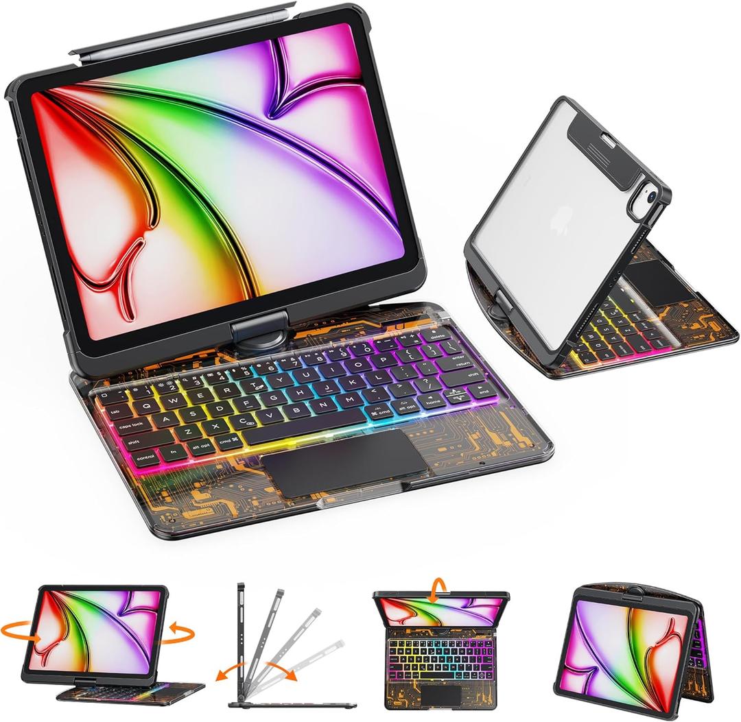 GUSGU Transparent Case with Wireless Keyboard for iPad Air 13-in.(M3/M2, 2025/2024), 7 Colors Backlight, Trackpad, 360Rotating Stand for iPad Pro 12.9-in (6/5/4/3 Gen), Tech Style (Shadow Circuit)