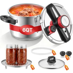 VEVOR Pressure Cooker, 6.3Qt Pressure Cooker Stainless Steel, Pressures Canner with Steaming Rack, Tempered Glass Lid, Three Pressures Settings for Meat, Beans, Rice, Soup, Sauces, Cook up to 100 kPa