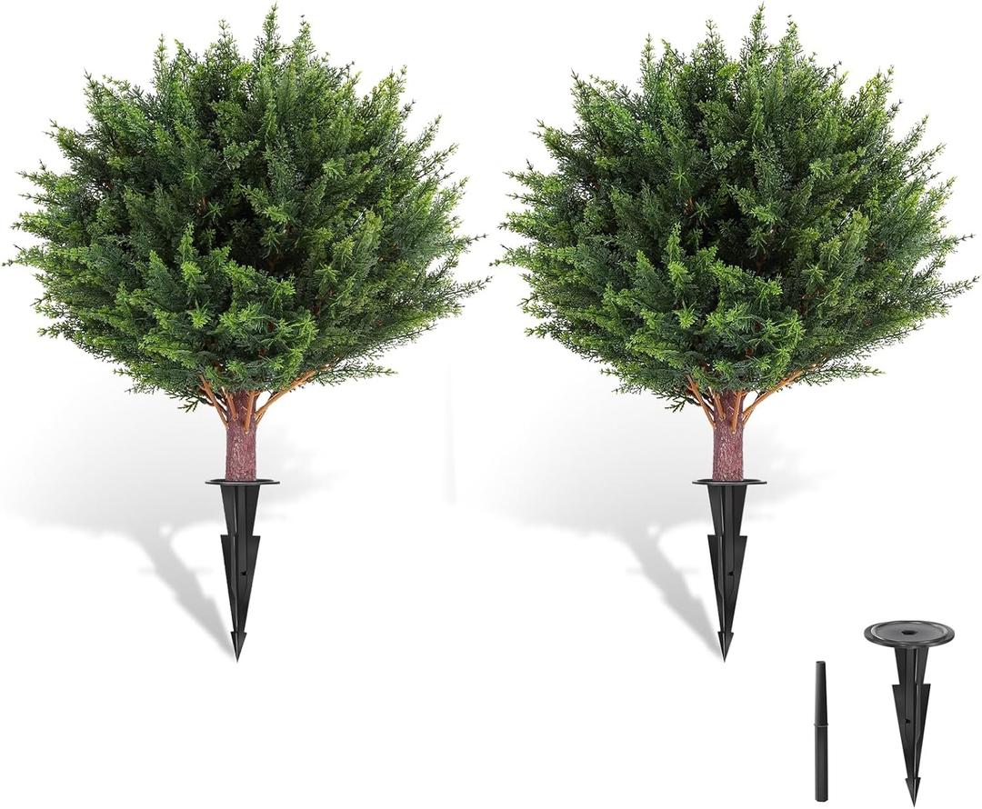 LadyRosian Artificial Cypress Topiary Tree, 25 Inch 2 Set Outdoor Faux Cypress Bush Plants,Indoor Ball Trees with Ground Spike, Fake Potted for Home Front Porch Decor Outside Garden