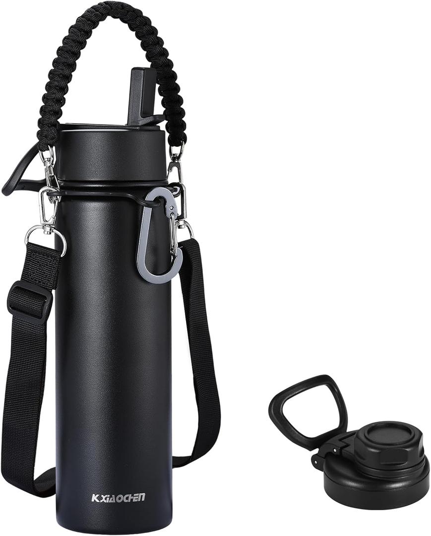 KXIAOCHEN Insulated Water Bottle, Stainless Steel Water Bottle, 2 Lids (Straw and Handle Lid),Wide Mouth Metal Water Bottles Keep Hot and Cold, Double Walled, Thermo Mug, Metal Canteen (Black)