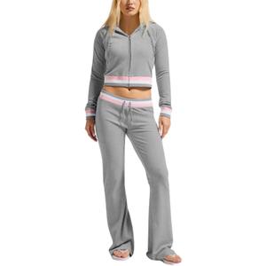 Womens Two Piece Color Block Velour Tracksuit Long Sleeve Zipper Front Hoodie Workout Flare Pants Velvet Fleece Outfits for Women Ladies Wide Leg Sports Set with Pocket Solid Vacation Travel Lounge Small