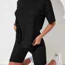 WDIRARA Women's Petite 2 Piece Outfits Ribbed Half Sleeve Tee Top and Biker Shorts Set (Black, S)