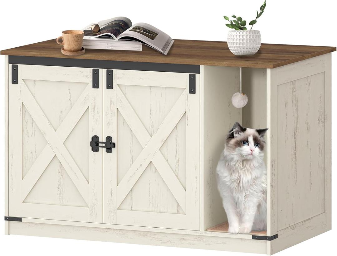 Cat Litter Box Enclosure, Hidden Litter Box Cabinet Furniture with Bell, Indoor Cats House, Farmhouse Style, 39.4 x 21.7X 24.8 Inches for Hallway, Bedroom, Rustic Brown and White CB85214X (39.4"L x 21.7"W x 24.8"H)