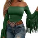 Fringe Tops for Women Western Cowgirl Off The Shoulder Fall Long Sleeve with Tassels Stretchy Crop Shirts Blouses (Medium, 08-green)