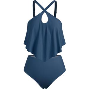 ZAFUL Two Piece Women's Tankini Swimsuits Cross Cutout Flowy Swim Top Tummy Control Ruched Bikini Bottom Bathing Suits (Large, 0-blue)