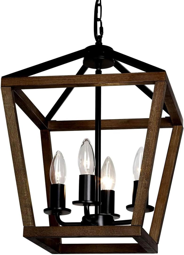 4-Light Lantern Pendant Light,Black Wood Cage Farmhouse Chandelier for Kitchen Island,12'' Rustic Metal Geometric Hanging Lighting Fixture for Kitchen Island Dining Room Bedroom Foyer Entry
