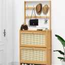 Bamboo Shoe Cabinet Rattan with Hanging Rack Hidden Shoe Storage Cabinet Narrow Wood Freestanding Organizer with 2 Flip Drawers Adjustable Panel for Entryway Hallway Light Brown