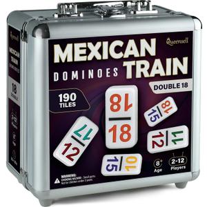 Queensell Mexican Train Dominoes Set with Numbers - Double 18 Dominos Set for Adults and Kids - Mexican Dominoes Train Game Night Games for Adults with Wooden Hub and Aluminum Case