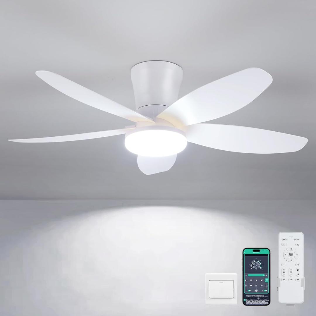 Ceiling Fans with Lights-36 Low Profile Ceiling Fan with Light and Remote/APP Control, Flush Mount, DC Reversible, LED Dimmable Modern Ceiling Fans for Bedroom, Indoor/Outdoor Patio Use (White)