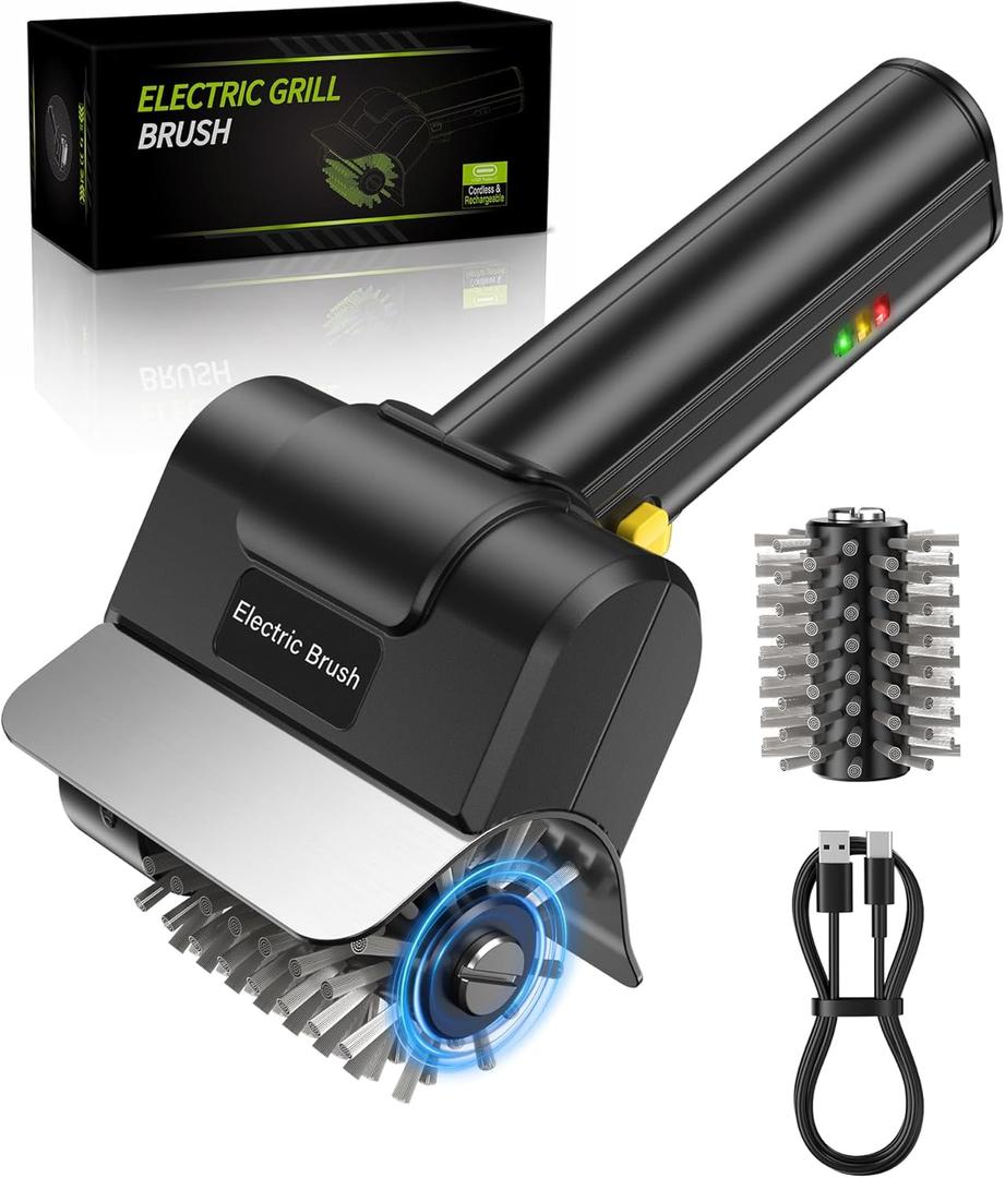 YIGUCordless Electric BBQ Grill Cleaner  Rechargeable Electric BBQ Brush, 1500 RPM, 100-minute runtime, Comes with 1 Removable Replacement Brush Head, Suitable for Outdoor BBQ Grills.
