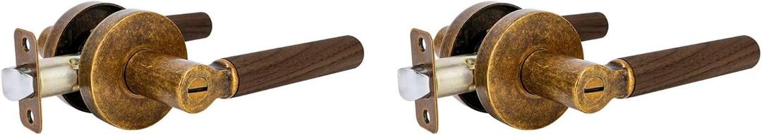 2 Pack Walnut Wood Privacy Door Lever - Reversible Keyless Locksets Door Handles for Interior Bedrooms&Bathrooms Room Door Lock Zinc Alloy Base (2 Pack, Aged Brass, Privacy)