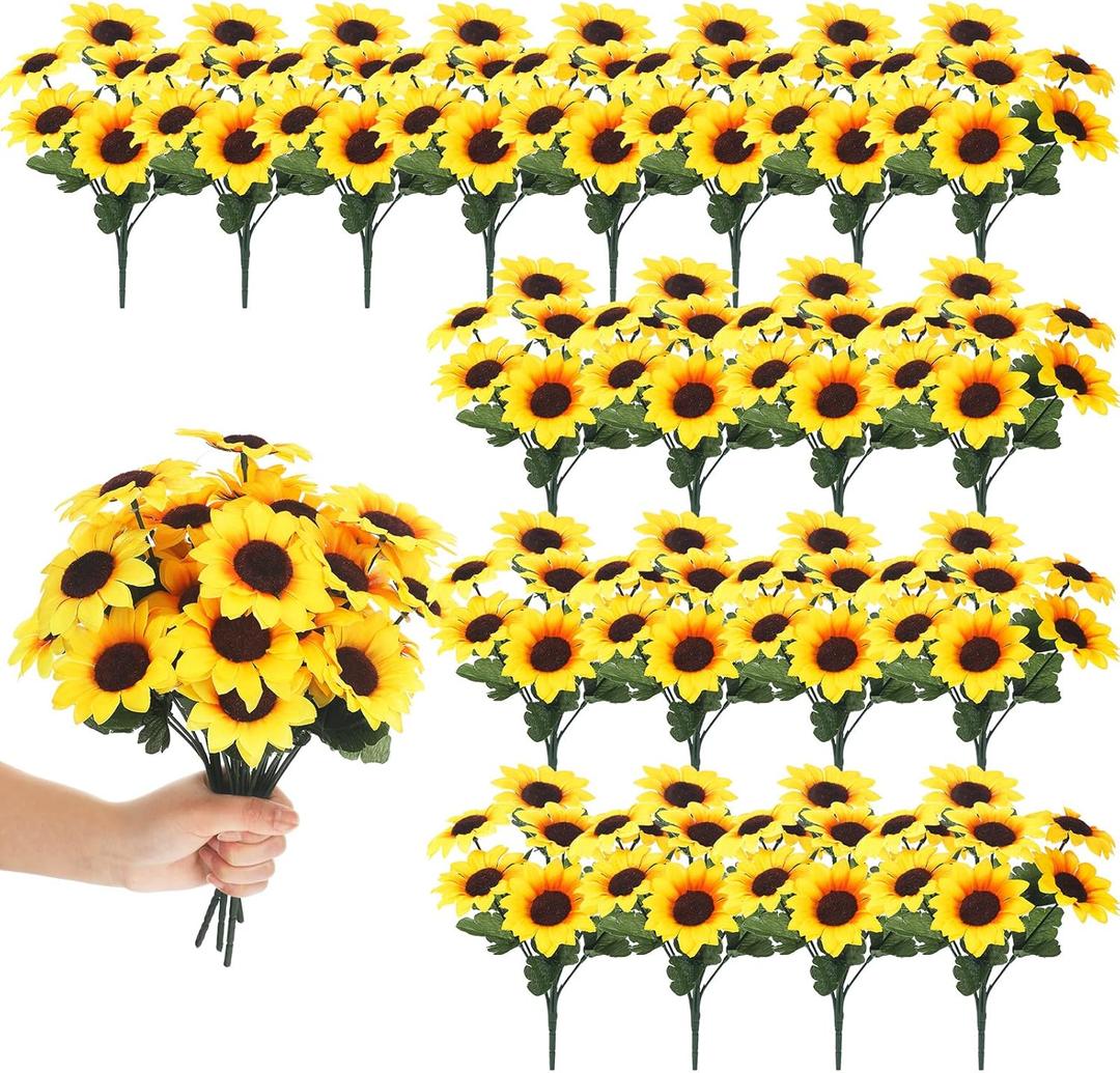 Redbaker 24 Bundles Sunflower Artificial Flower with Stems Bouquet Fake Plants Bulk UV Resistant Plastic Faux Outdoor Flower No Fade for Wedding Fall Garden Home Window Decor