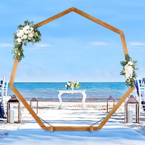 Heptagonal Wooden/Wood Arch 7.2FT for Wedding Ceremony, Arbor Backdrop Stand for Garden Parties, Indoor, Outdoor, Autumn Theme, Rustic Decorations