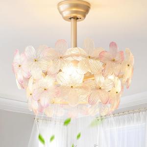 Gold Crystal Fandelier Ceiling Fans with Lights, 20" Gold Flower Chandelier Ceiling Fan with Light Remote Control, Caged Mid Century with 6 Speeds for Bedroom, Nursery, Living Room (Pink)