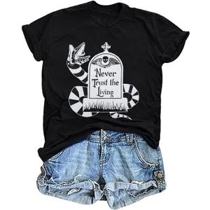 Halloween Shirt Women Spooky Graphic Shirts Strange and Unusual Print Tee Tops (Small, Black-1)