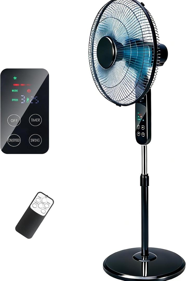 Aottop 16" Pedestal Fan with Touch Screen & LED Celsius Thermometer - Remote Control, 3 Speeds, 90 Oscillating,3 Wind Modes, 8H Timer, Quiet Standing Fan for Bedroom/Living Room/Office (Black)