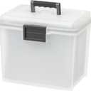 IRIS USA File Box WeatherPro Portable File Organizer Plastic File Box for Letter File w/ Organizer-Lid, Durable Lid and Seal w/ Secure Latching Buckles, Stackable and Nestable, Pearl 19 Qt. 1 Pack