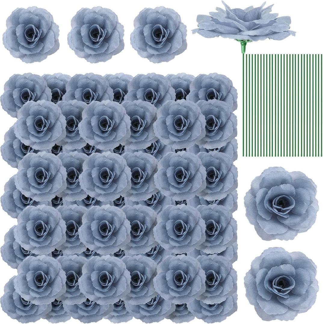 Yunlly 100 Pcs Artificial Flowers Fake Silk Roses Long Stem Rose Bouquet Wedding Party Home Decor for DIY Baby Shower Centerpieces Tables Home Decorations (Dusty Blue)