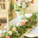 6FT Artificial Eucalyptus Garland with 10 Pink Roses and Baby Breath Flower Greenery Garland for Table Centerpiece Party Wedding Decor Indoor Outdoor Backdrop Wall Decorations