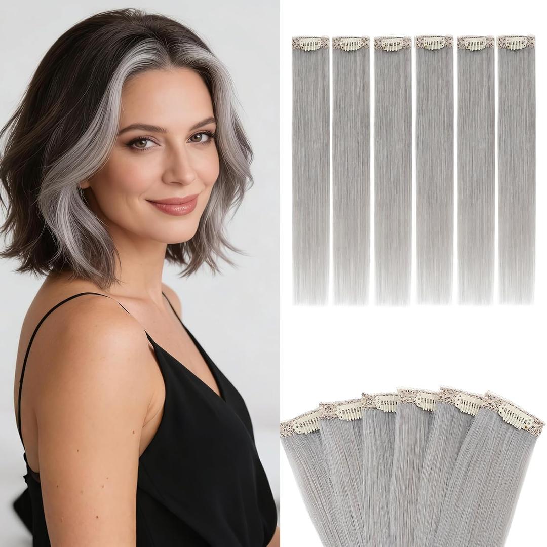 Benehair 6 PCS Clip in Short Hair Extensions 100% Real Human Hair Seamless & Invisible for Women Instant Volume Highlight Length for Daily Use 10'' Gray#G1