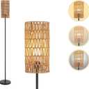 Floor Lamp for Living Room,Farmhouse Rattan Floor lamp,Modern Standing lamp with Hand-Worked Rattan Shade,Black Tall Lamp with Foot Switch