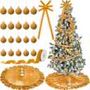 24 Pcs Velvet Christmas Tree Decorations Set Velvet Christmas Tree Skirt Bow Topper Xmas Ball Ornaments Ribbon LED Light for Xmas Holiday Party Wreath Decoration (Gold)