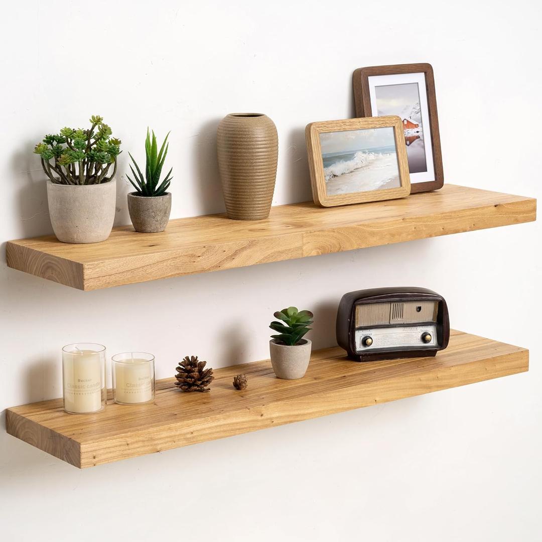 Fun Memories Solid Elm Wood Floating Shelves Set of 2-32 Inch Rustic Wall Shelves with Heavy-Duty Invisible Brackets - for Living Room, Kitchen, Bedroom, Bathroom - Natural Finish (Flat Edge, 32inch)
