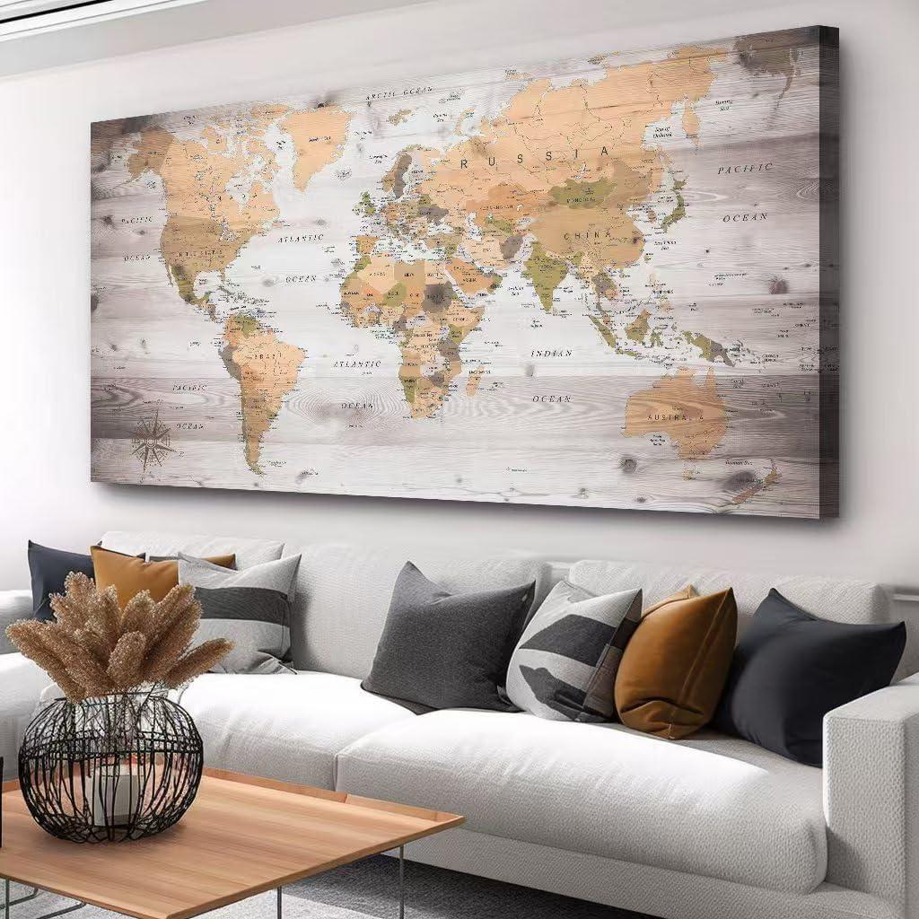 canvas Wall Art 20x40 lagre map of the world Painting Ready to Hang Framed World Map Artwork Prints for Home (grey)