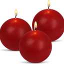 Ball Pillar Candles Set of 3 Red 3Inch Unscented Handpoured Weddings, Home Decoration, 75 Hour