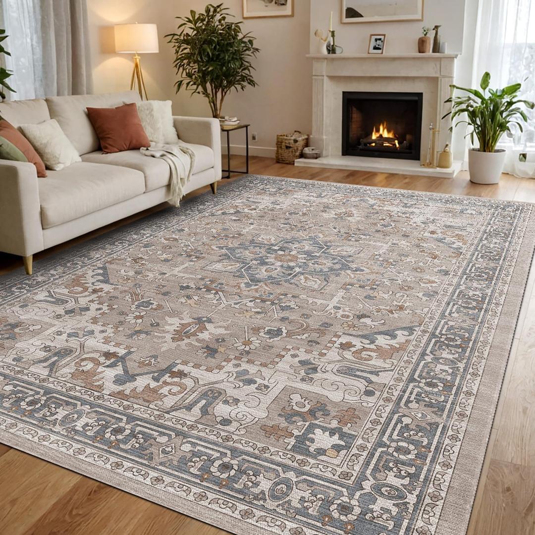 DEXI Area Rugs for Living Room, Washable Low Pile Vintage Traditional Rug for Bedroom, Non Slip Indoor Carpet for Dining Office Nursery, 8x10, Beige Blue