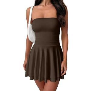 OQQ Women's Mini Dress Summer Cocktail Tube Ruched Waist Ruffle Corset Party A-line Dresses, Medium, Dark Brown