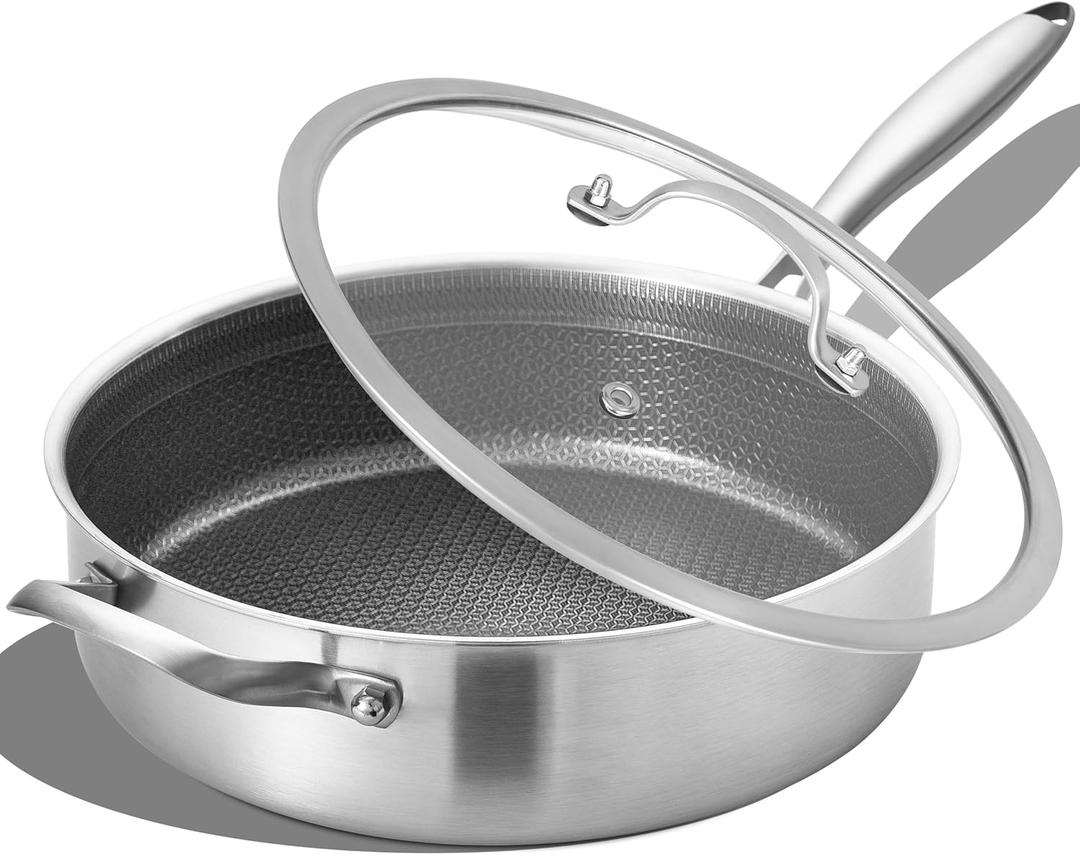 LOLYKITCH 6 Quarts Hybrid Non Stick Tri-Ply Stainless Steel Saut Pan with Lid,12 Inch Deep Frying Pan,Large Skillet,Induction Cooking Pan, Oven Safe and Detachable Handle.