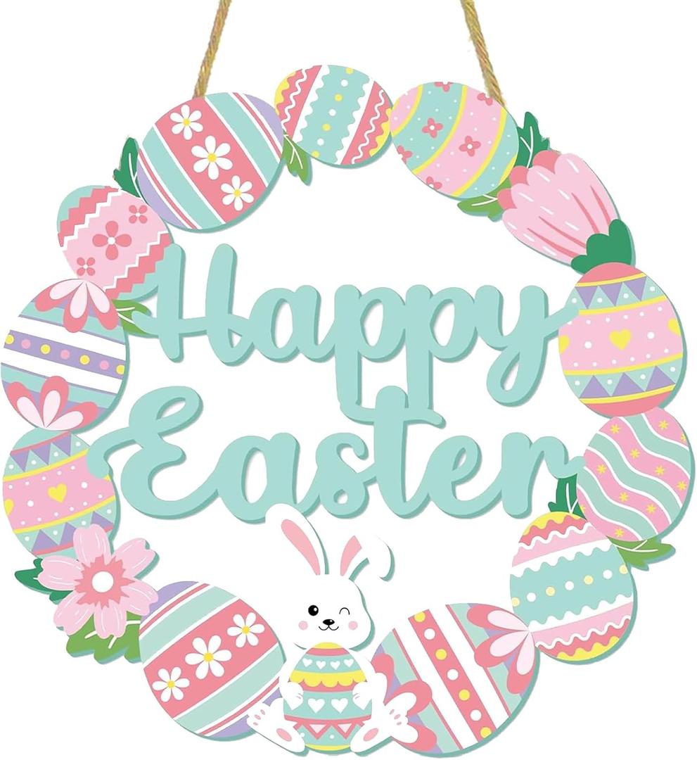 Easter Decorations Wooden Bunny Easter Wreath for Front Door Decor, Bunny Eggs Wood Wreath Decoration, Farmhouse Easter Decoration Welcome Door Wreath for Outdoor Indoor Window Hanging Decor