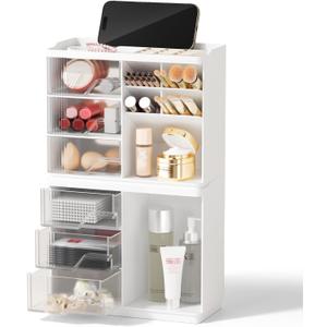 Small Makeup Organizer with Drawers, Stackable Bathroom Couneter Organizer with Phone Holder, Versatile Vanity Organizer Countertop, Cosmetic Organizer for Makeup Brush, Skin Care, Lotion -White,2Pack