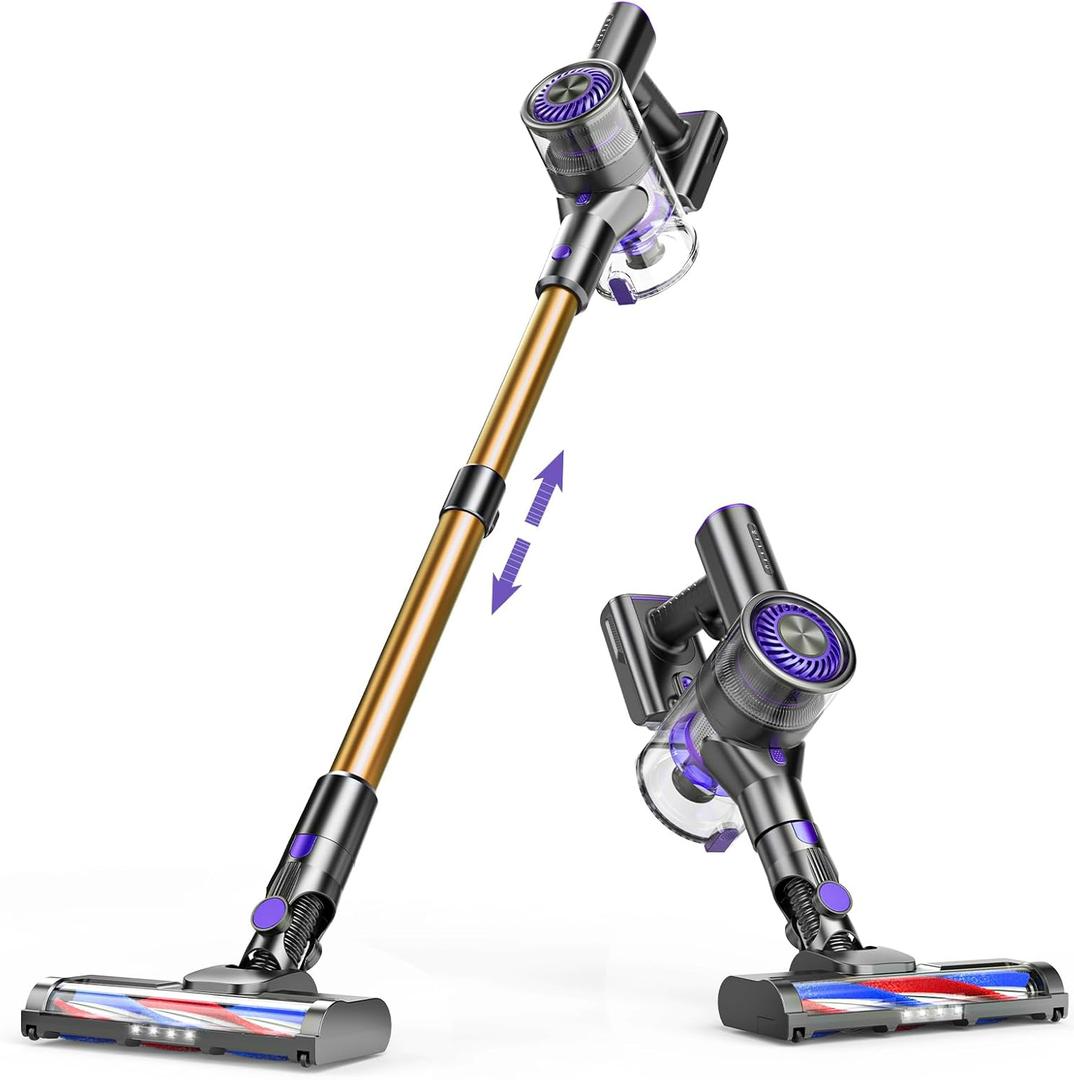 Cordless Vacuum Cleaner, 80000 RPM High-Speed Brushless Motor Powerful Vacuum Cleaners for Home, Up to 40 Mins Runtime, Stick Vacuum with 4* LED & Rechargeable 2600 mAh Battery (Yellow Purple)