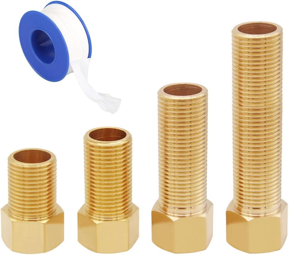 Uenede 4PCS 1/2 Inch Brass Hex Extension Pipe Fitting, 1/2" G Female to 1/2" G Male Thread, 40mm/50mm/70mm/100mm Length, Longer Nipple Connector Adapter