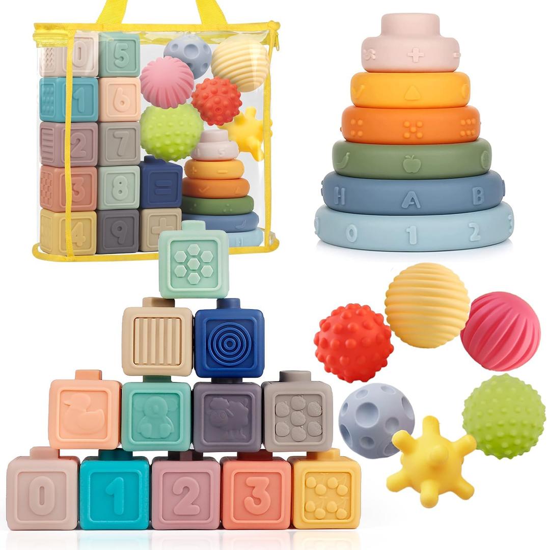 Montessori Toys Soft Stacking Building Blocks Rings Balls Sets 3 in 1 Baby Toys Bundle for Babies Sensory for Toddlers Teething Bath for Infants Learning Education Toy