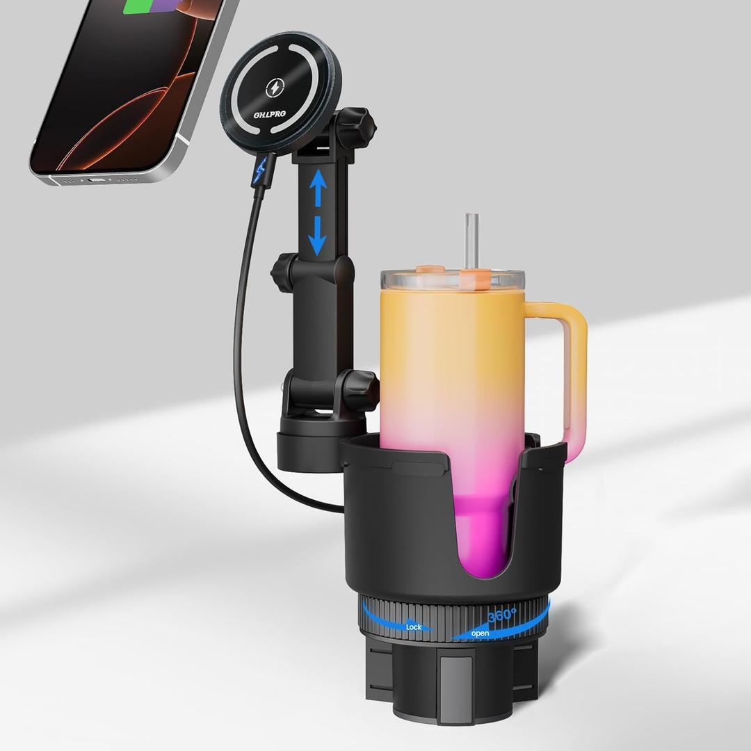 OHLPRO for MagSafe Car Charger Cup Holder Mount, 15W Fast Wireless Magnetic Charging Phone Holder for iPhone 16 15 14 13 12 Series, Adjustable Car Mount with Large Cup Base, One-Hand Operation