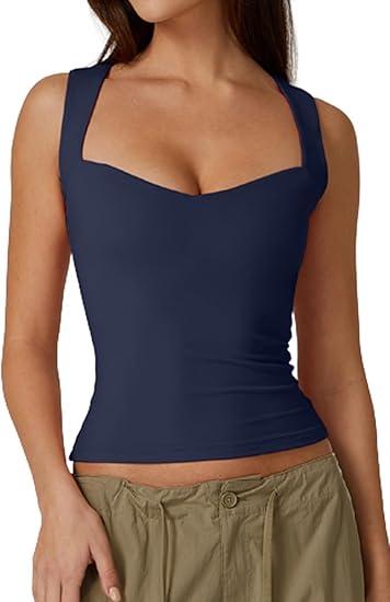 QINSEN Women's Sexy Sweetheart Neck Sleeveless T Shirts Double Lined Tees Slimming Fit Tops, Large