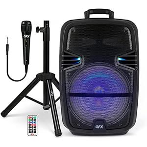 QFX PBX-616SM 15" Bluetooth Rechargeable Speaker with LED Lights, Mic and Stand, Black