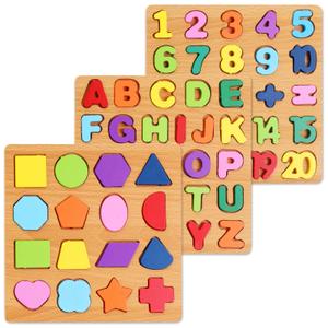 Alphabet Wooden Puzzles for Toddlers 35, Pack of 3 ABC, Number and Shape Puzzle, Preschool Educational Learning Toys with Puzzle Board & Letter Blocks for Girls Boys Ages 3 4 5 Years Old