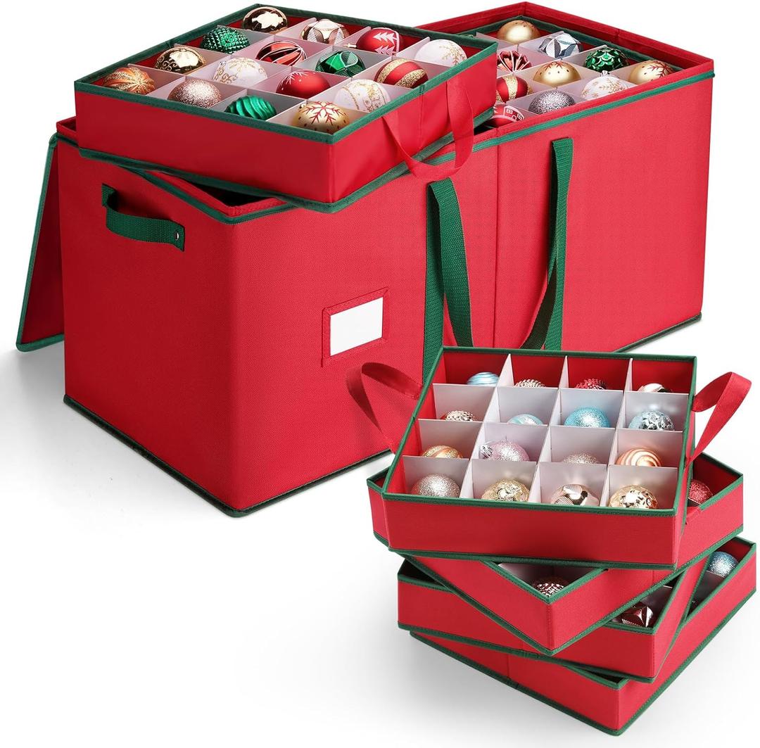 MaidMAX Christmas Ornament Storage Box Holiday Decoration Organizer, 128 Christmas Ball Accessories Holder with Adjustable Dividers, 8 Removable Trays, 600D Oxford, Zippered Closure (RED) (26" x 13" x 13")